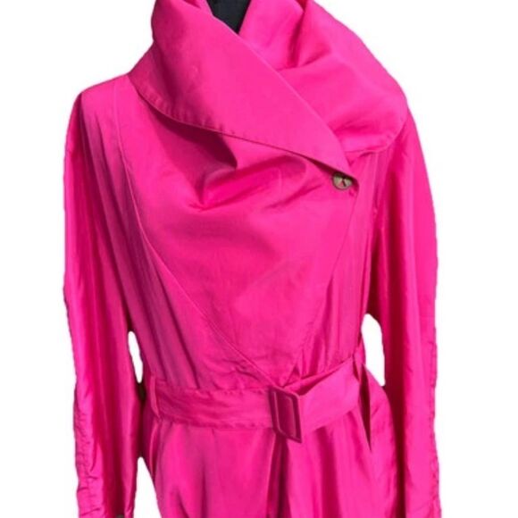 Vintage 1980s fuchsia Barbie pink trench coat convertible collar Belted Size L - Picture 3 of 7